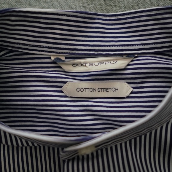 Suitsupply Navy Thin Striped Mandarin Collar Button Down Shirt (Size 38) - Picture 6 of 9